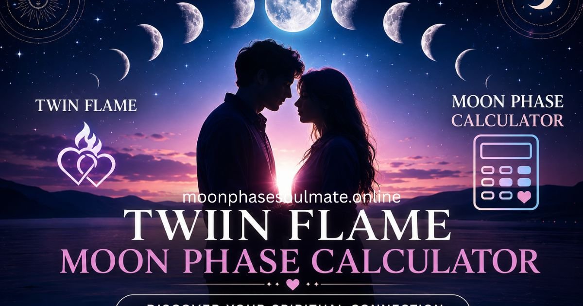 Twin Flame Moon Phase Calculator feature image showing a romantic couple silhouette under glowing moon phases in a starry night sky, symbolizing spiritual connection, love compatibility, and celestial energy. Perfect for astrology, twin flame, moon phase matching, and relationship calculator content.