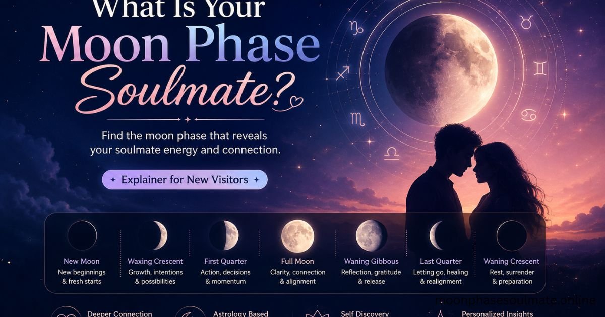 **Alt Text:** *Romantic moon phase soulmate illustration featuring a glowing moon, zodiac symbols, and a couple silhouette under a starry night sky. The image explains how different moon phases may reveal soulmate connections, personality traits, and cosmic compatibility for new visitors.*