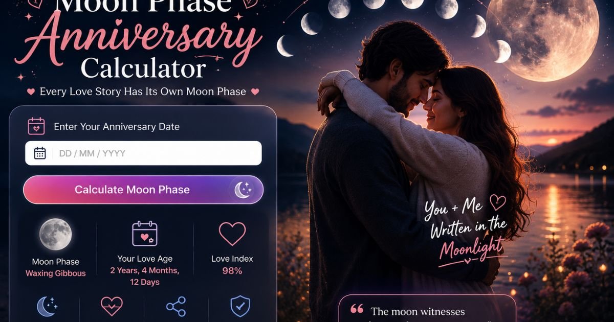 **Alt Text:** *Romantic Moon Phase Anniversary Calculator feature image showing a beautiful couple hugging under a glowing full moon beside a lake at sunset. The design includes moon phases, anniversary date calculator interface, love-themed elements, and a dreamy night sky, symbolizing romance, anniversaries, and lunar memories.*