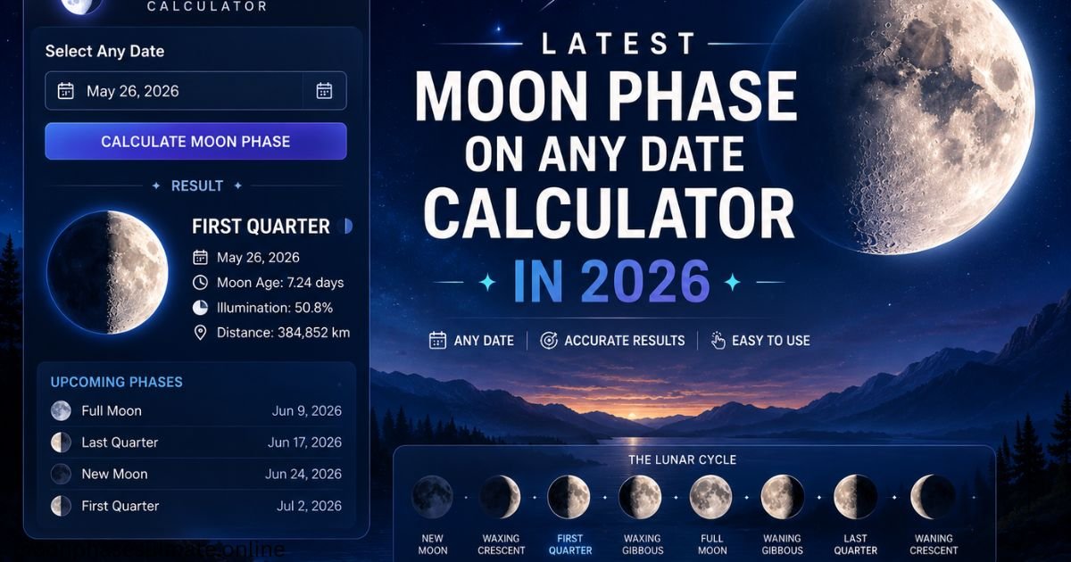 **Alt Text:** "Feature image for the Latest Moon Phase On Any Date Calculator in 2026 featuring a beautiful night sky, glowing full moon, mountains, and lake landscape. The design includes an interactive moon phase calculator interface showing date selection, moon age, illumination percentage, upcoming lunar phases, and lunar cycle stages. Large headline text highlights the 2026 moon phase calculator, while the website name moonphasesulmate.online appears at the bottom. The image is designed for astronomy enthusiasts, stargazers, and users looking to find the moon phase for any date."