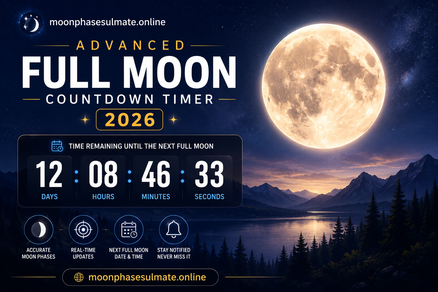 **Alt Text (SEO Optimized):** **Advanced Full Moon Countdown Timer 2026** feature image showing a glowing full moon above a starry mountain landscape with a modern live countdown timer displaying days, hours, minutes, and seconds until the next full moon. The design includes **moonphasesulmate.online** branding, lunar phase icons, and a futuristic blue-themed interface for accurate moon phase tracking and the 2026 full moon calendar.