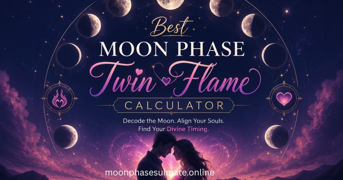 **Alt Text:** **Best Moon Phase Twin Flame Calculator feature image featuring a romantic couple beneath glowing moon phases in a cosmic night sky, symbolizing twin flame compatibility, soulmate connection, lunar love analysis, and spiritual relationship matching.**