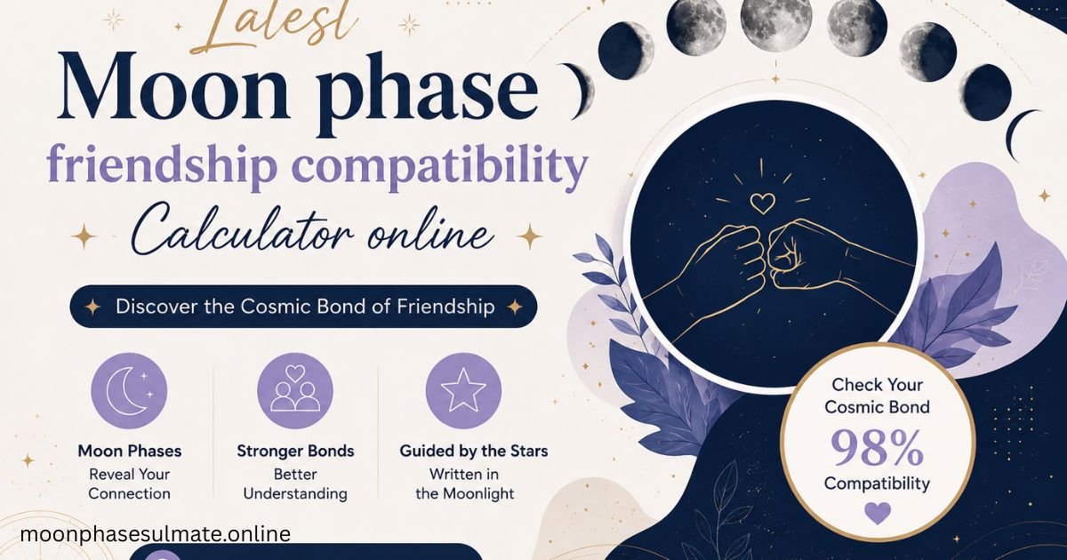 Latest Moon Phase Friendship Compatibility Calculator Online feature image with a modern celestial design, moon phases, friendship illustration, and moonphasesulmate.online branding.