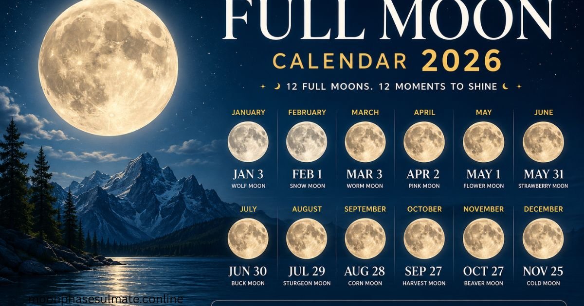 **Alt Text:** **Latest Full Moon Calendar 2026** feature image showing a large glowing full moon over a peaceful mountain lake at night with a star-filled sky. The design includes a 2026 full moon calendar displaying all 12 monthly full moon dates and names in a modern blue and gold layout, ideal for astronomy, lunar calendar, and moon phase websites.