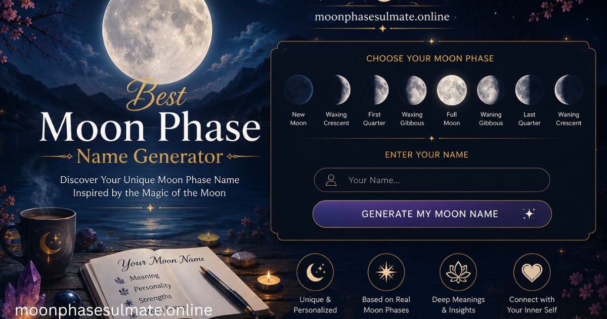 **Alt Text:** **Best Moon Phase Name Generator feature image for MoonPhaseSulmate.online featuring a magical moonlit landscape with a glowing full moon, personalized lunar name generator, moon phase timeline, celestial symbols, and a cosmic night theme.**