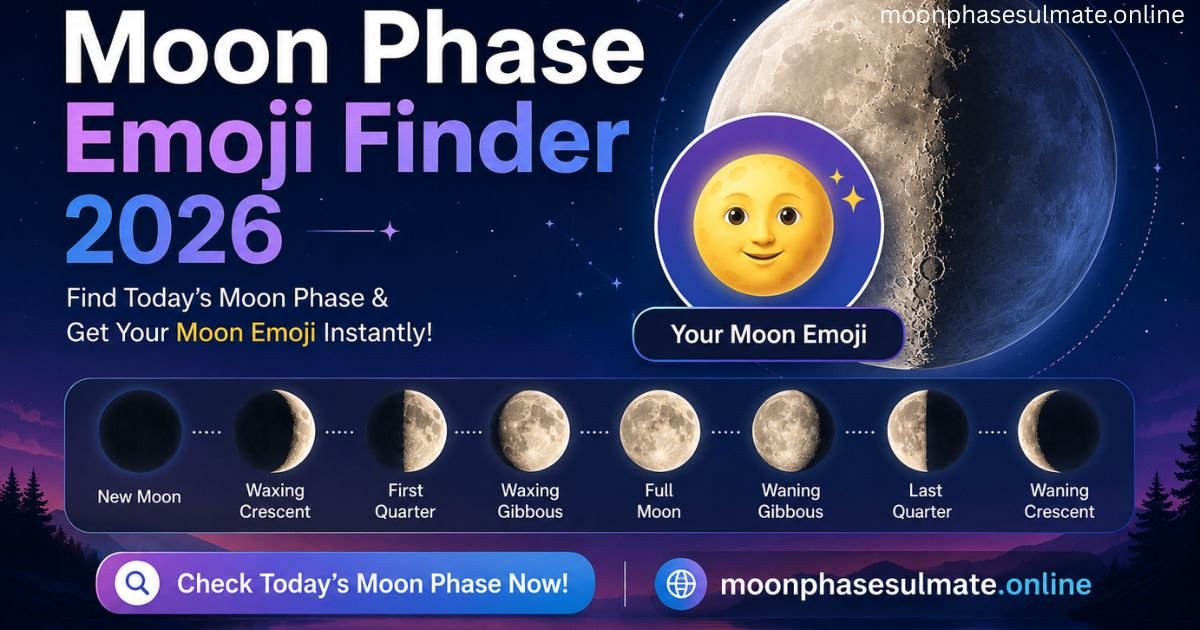 **Alt Text:** A modern space-themed feature image promoting **“Best Moon Phase Emoji Finder 2026”**. The design features a large detailed Moon against a dark blue star-filled sky with constellation accents. Bold gradient text highlights the title on the left, while a glowing moon-face emoji badge appears in front of the Moon. A horizontal timeline showcases all major lunar phases, including New Moon, Waxing Crescent, First Quarter, Waxing Gibbous, Full Moon, Waning Gibbous, Last Quarter, and Waning Crescent. At the bottom, a prominent call-to-action button invites users to check today’s moon phase, alongside the website name **moonphasesulmate.online** and icons emphasizing accurate updates, instant moon emojis, daily tracking, mobile-friendly access, and free usage.